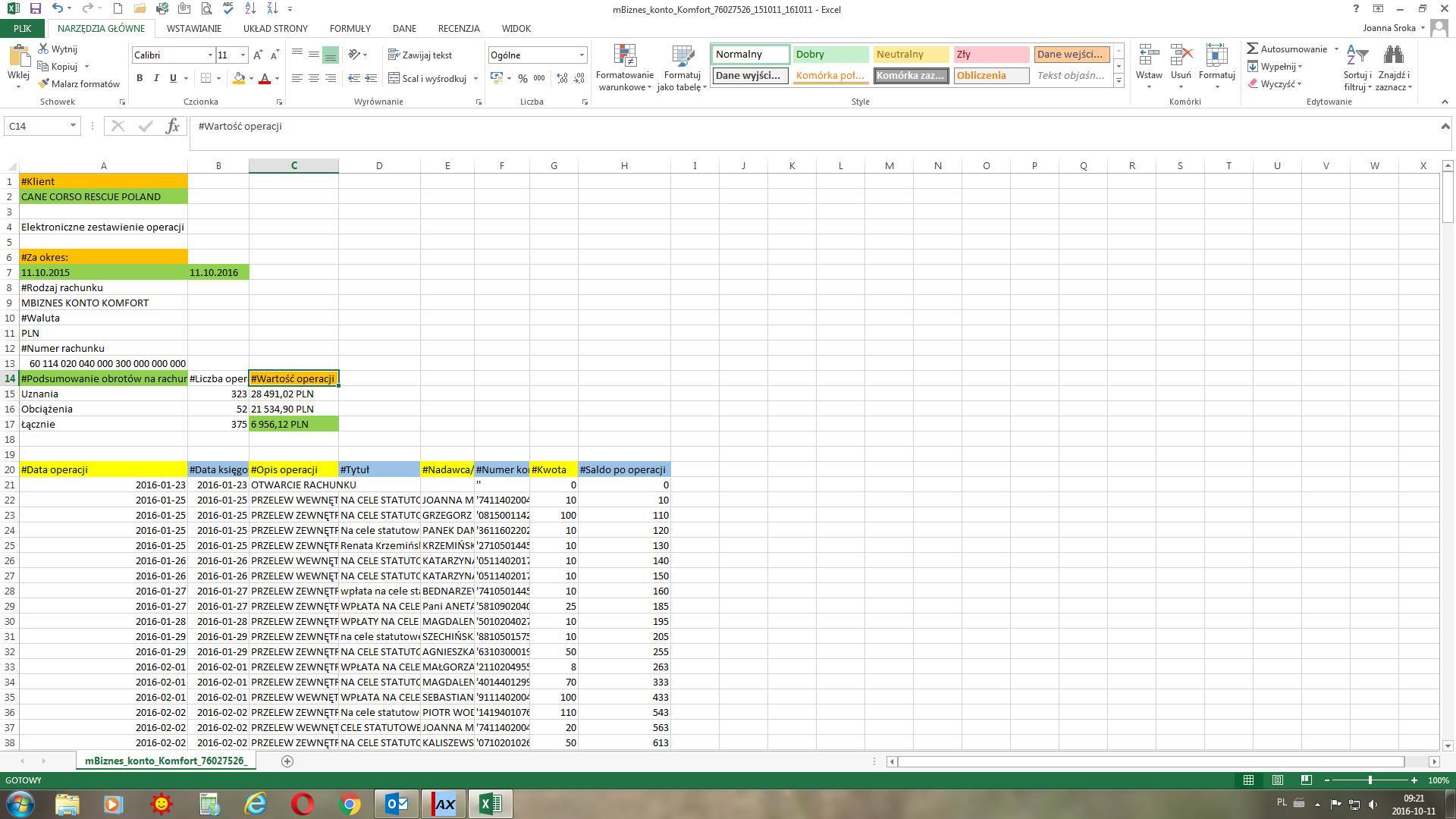 Rozliczenie konta - stan na 11 10 2016